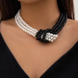 KMVEXO Gorgeous Multilayers Knot Imitation Pearl Choker Necklaces for Women Jewelry Black White Pearls Chains Wedding Necklace