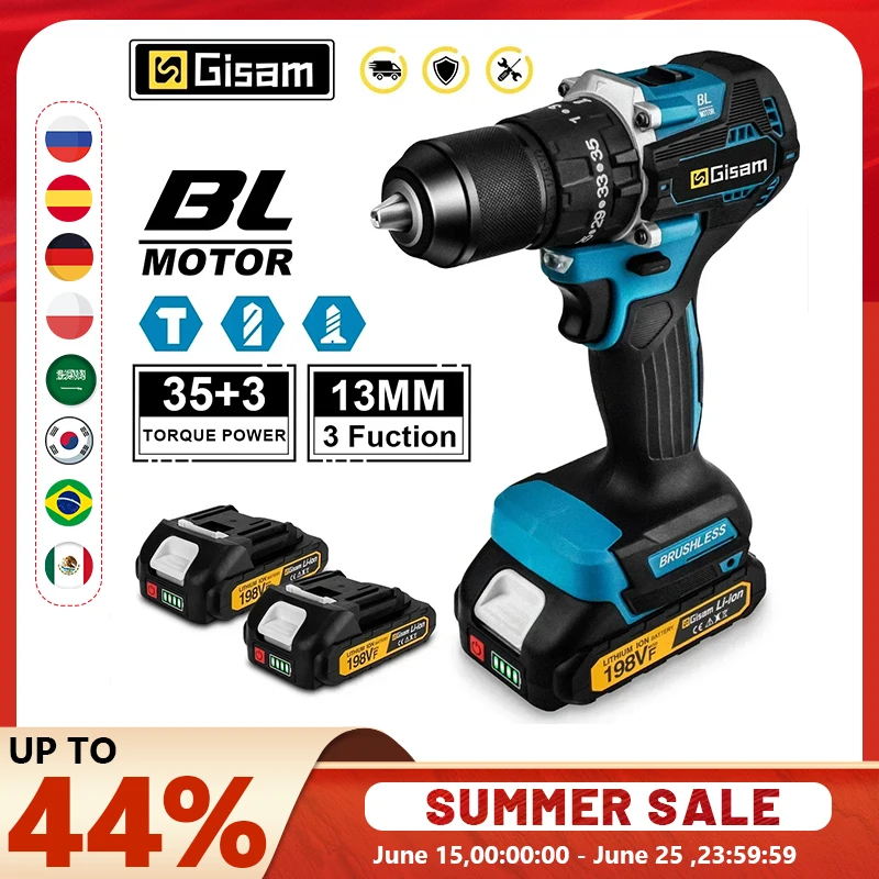 Gisam 13MM 65NM Brushless Electric Impact Drill 35+3 Torque Electric Screwdriver Hammer Drill Tools For Makita 18V Battery Pins
