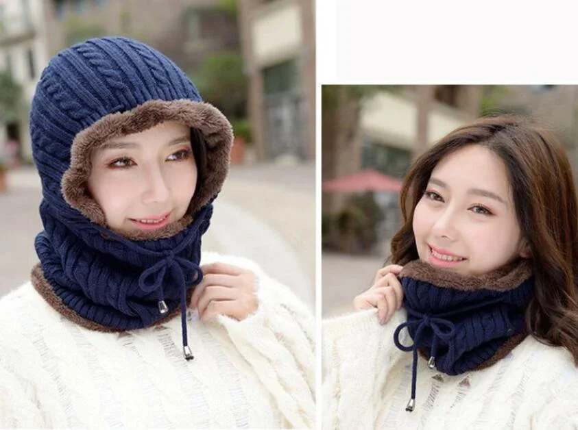 Adult Winter Hat And Scarf Set For Women Men Hooded Cap Scarves Adjustable Knitted Beanies Skullies Bonnet Mask Neck Warm Sets