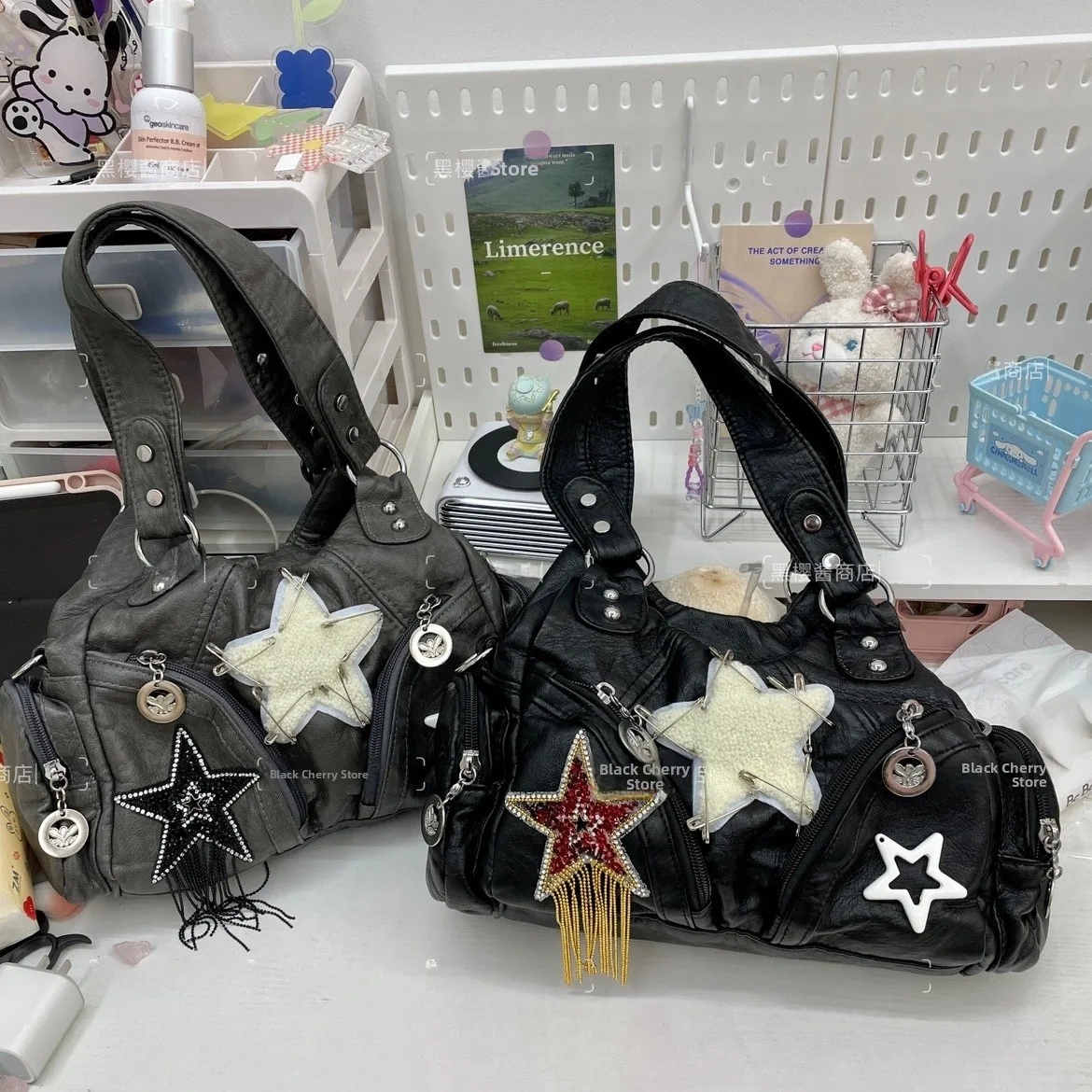 

Bla Cherry Vintage Soft Leather Star Motorcycle Bag Single oulder Crossbody Bag for Spicy Girls Briti Sle Leisure Bac...