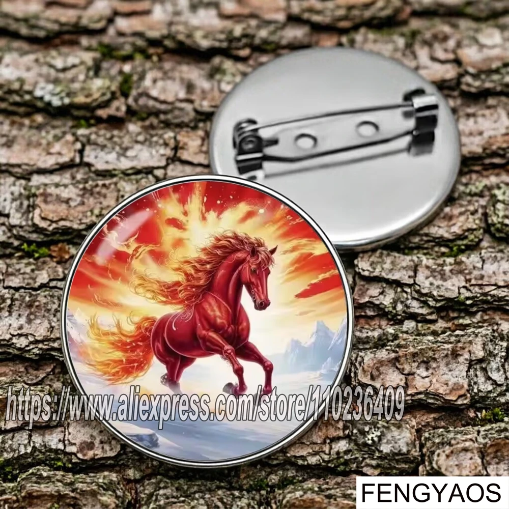 Stainless Steel Red Fire Horse Round Brooch Fantasy Running Horse Badge Animal Pattern Pin Backpack Clothing Jewelry Gift