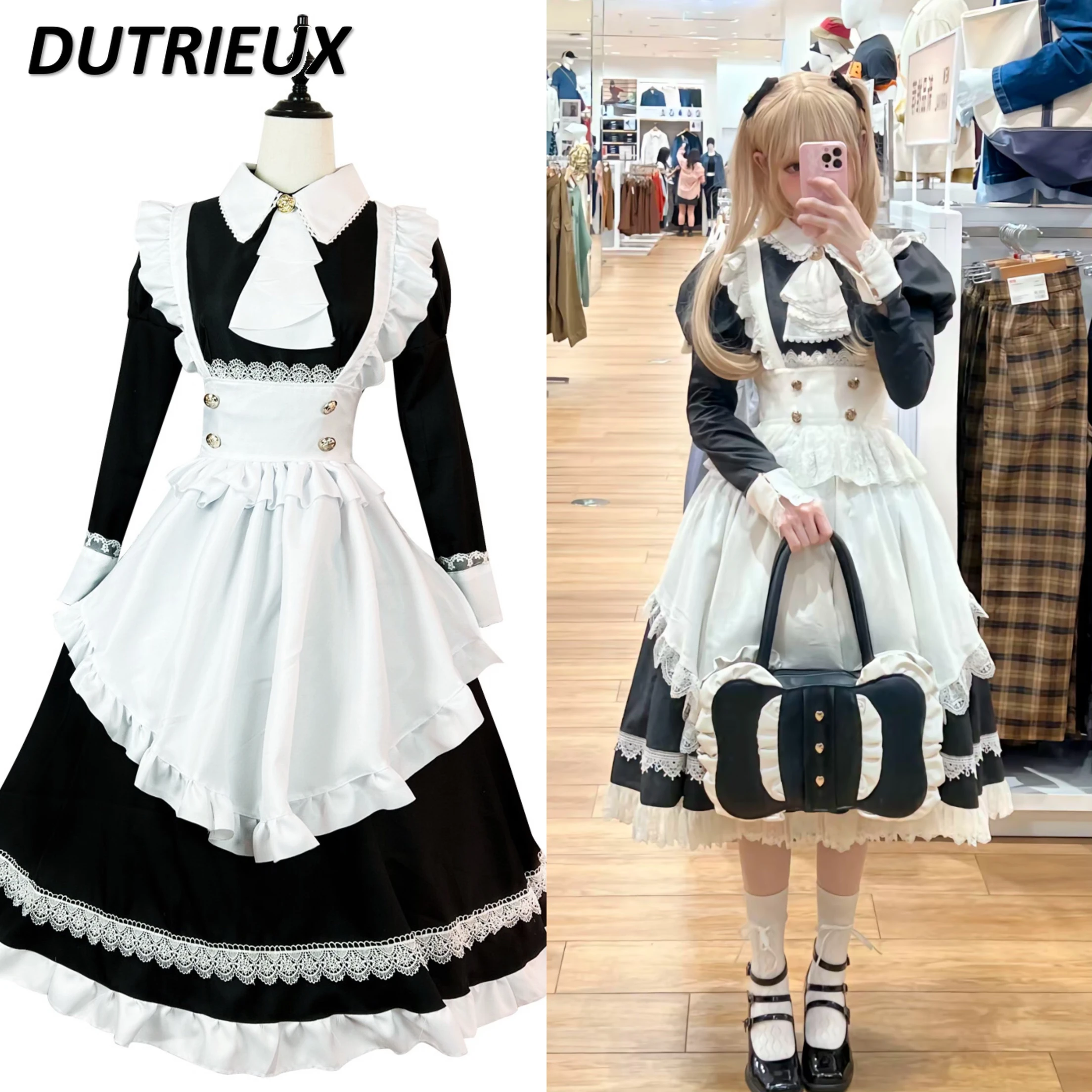 

Oversize Japanese Style Original Design Lolita Sweet Long Dress Maid Slimming Long Sleeve Contrasting Color Op Dresses