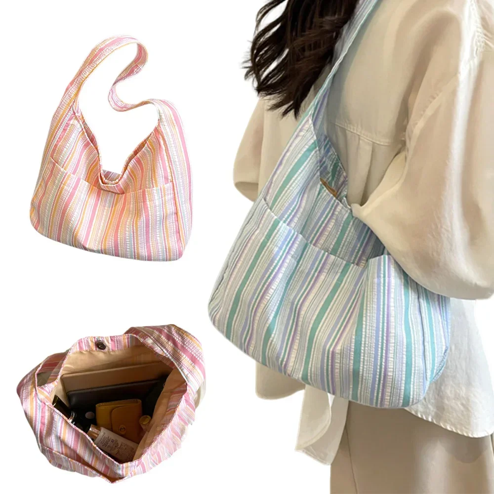 

Плиссированная полосатая тканевая сумка, ручная сумка для бенто, сумка для хранения, большая вместительная, свежая и простая сумка на одно плечо A-DH