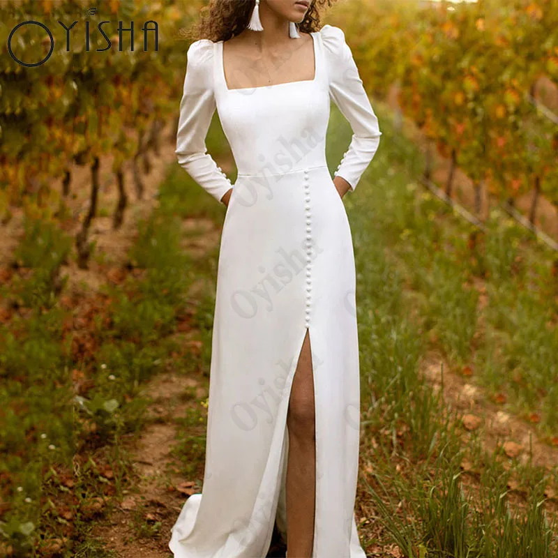 Oyisha Square Collar Mermaid Bridal Party Long Sleeves Open Back Robe Mariée Split Satin Wedding Dresses Wedding Dress For Women