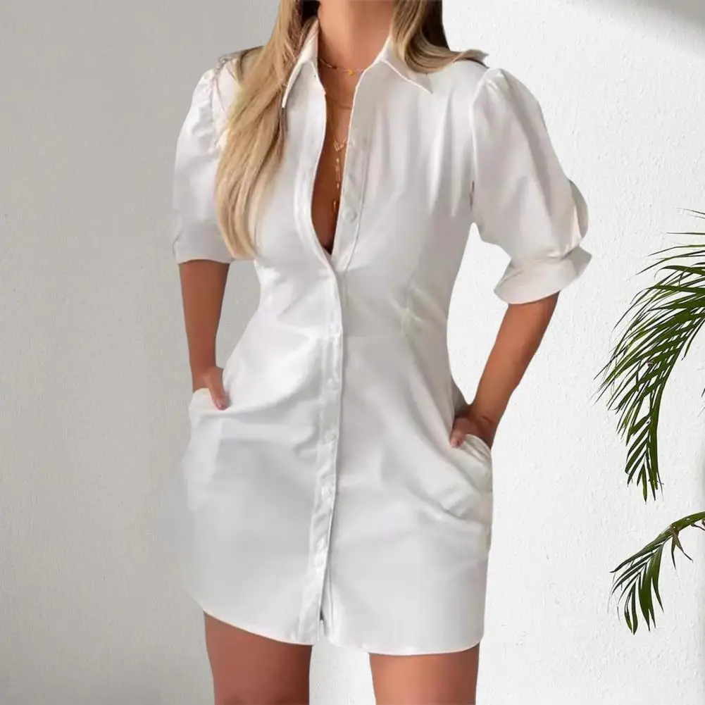 

Ol Shirt Dress Elegant Lapel Shirt Dress for Women Short Sleeve Business Midi Dress Solid Color Office Attire for Summer Women