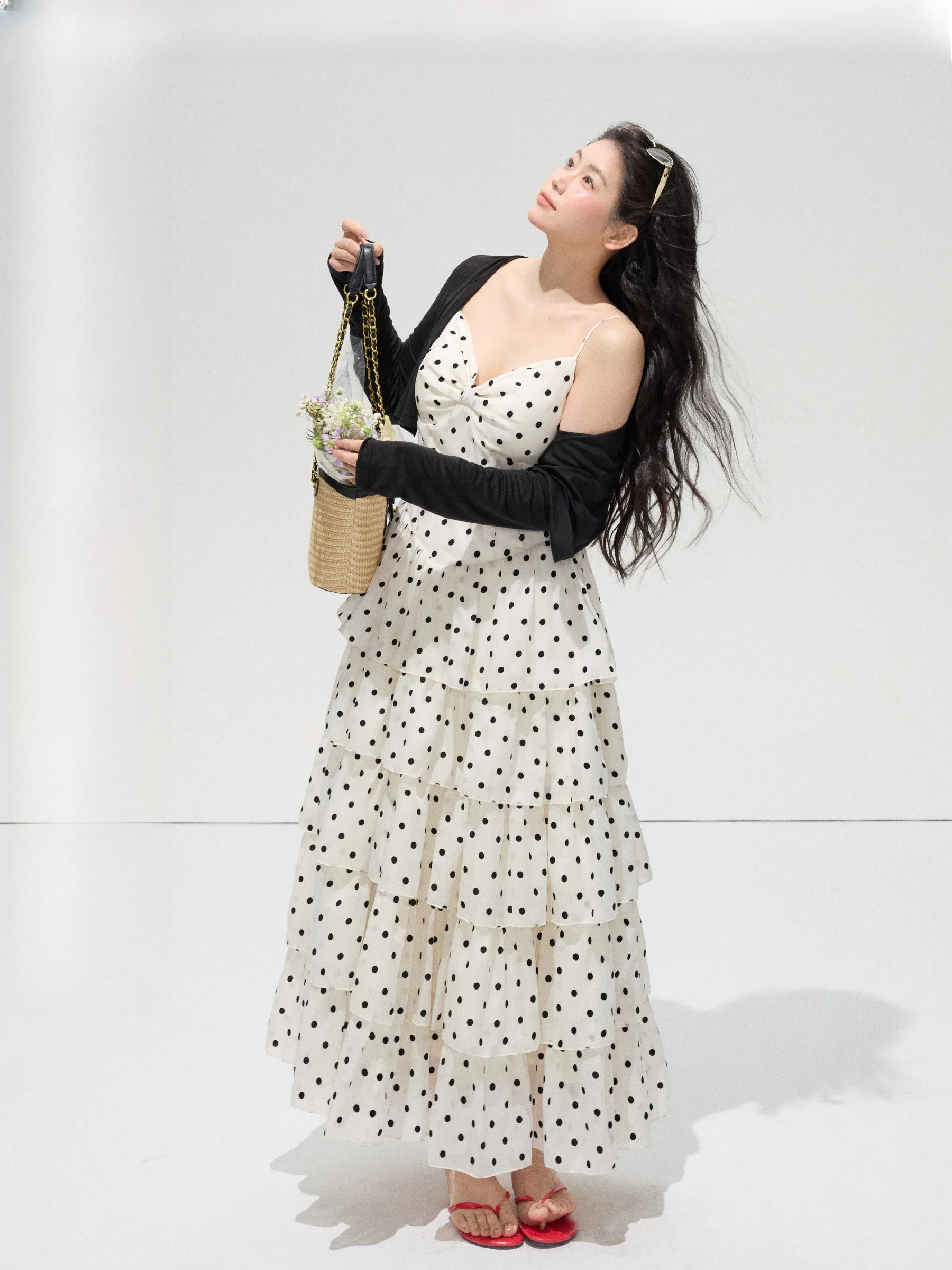 

Jiulu Studio "Ancient Castle Camellia" Polka Dot Cake Dress Cardigan plus Size Set Fashionable Commute Style Long Sleeve V-Ne...