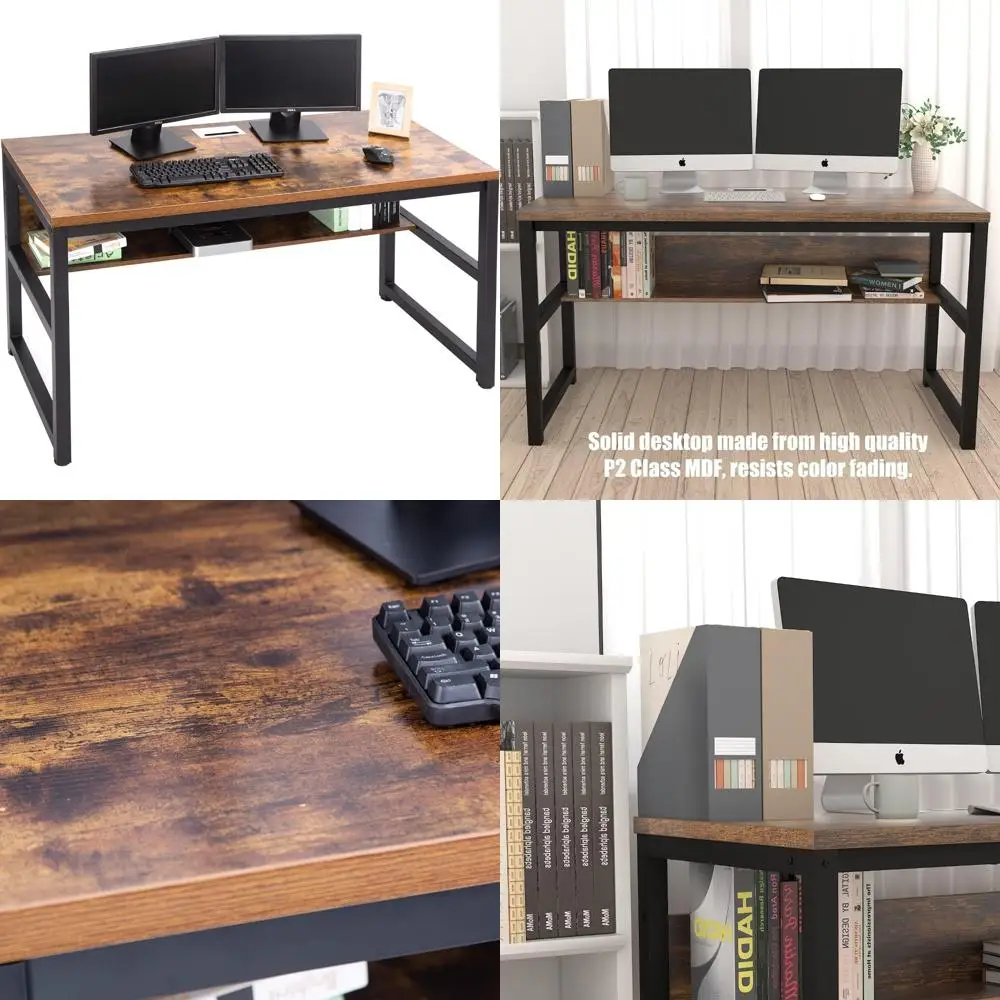 مكتب خشبي بني ريفي مع رف كتب وإدارة كابلات معدنية، سميك 1.18 (55)