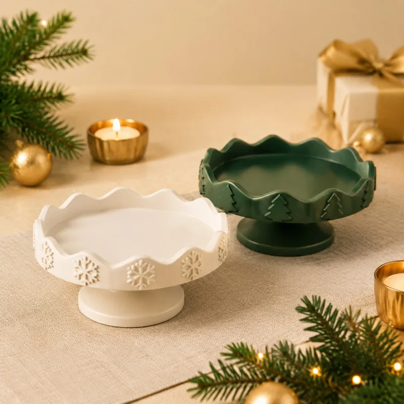 Christmas Scalloped Edge Tray Silicone Mold Pedestal Cake Stand Snowflake Tree Plaster Resin Casting Mould Home Decor Supplies