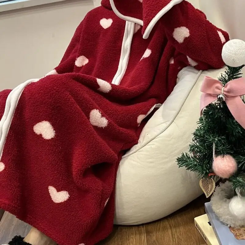 

Girl's Robe Nightdress Long Hooded Nightgown Onesize Loose Women Cute Red Zipper Sleepwear Autumn Winter Home Clothes Pajamas