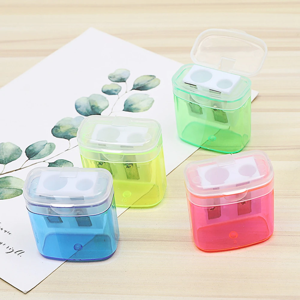 Pencil Sharpener Student Stationery with Container Colorful Double Hole Plastic Transparent Pencil Sharpener for Children