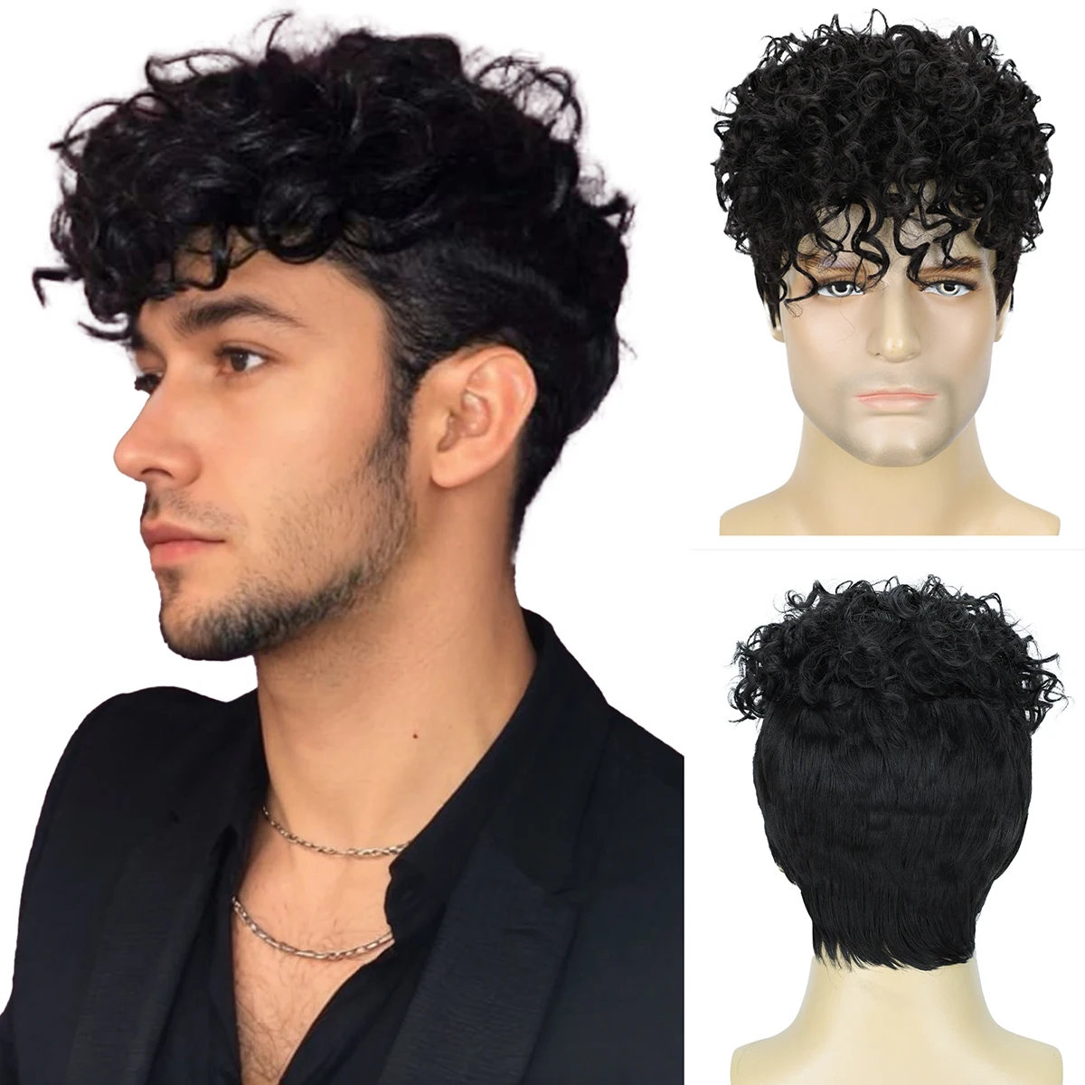 BCHR Mens Wig Short Curly Afro Wigs for Men Natural Curly Layered Synthetic Replacement Wig for Male Party Cosplay Halloween