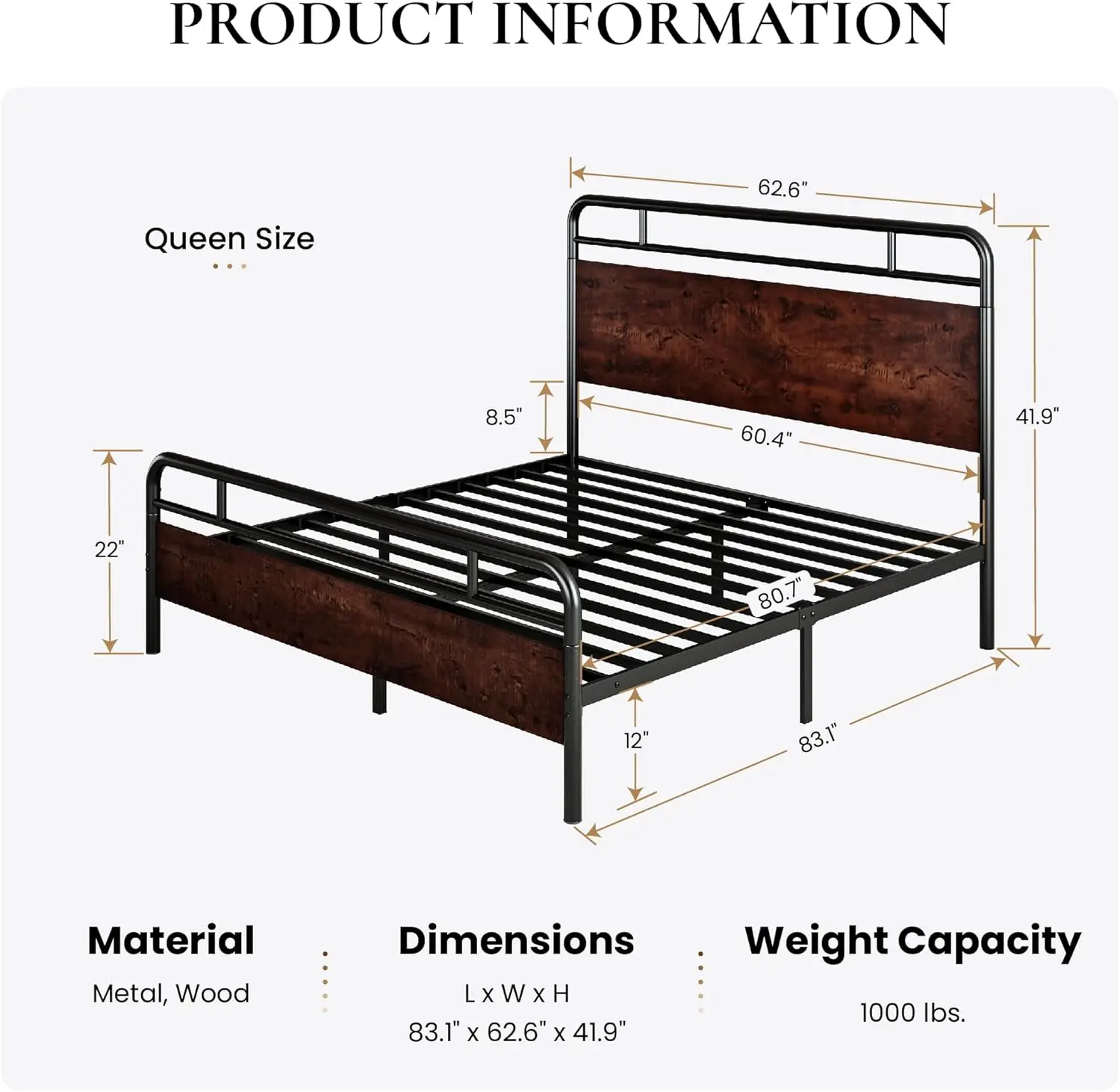 Queen Size Bed Frame with Wooden Headboard and Footboard, Rounded Corner Metal Frame, Heavy Duty Platform Bed