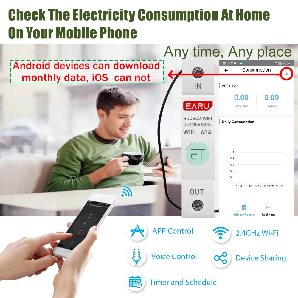 1P Din Rail WIFI Smart Energy Meter Power Consumption kWh Meter Circuit Breaker Time Timer Switch Relay Voltmeter for Smart Home