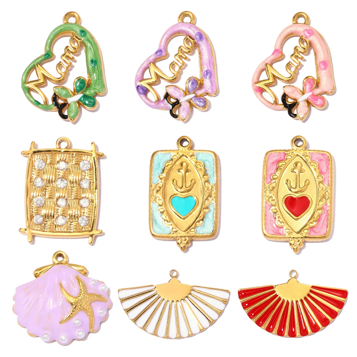 Lote de 3 piezas de acero inoxidable: Accesorio para zapatos con corazón 'Love Mama', Colgante de concha con ancla y ventilador para collar. Joyería al por mayor, regalo para el Día de la Madre.