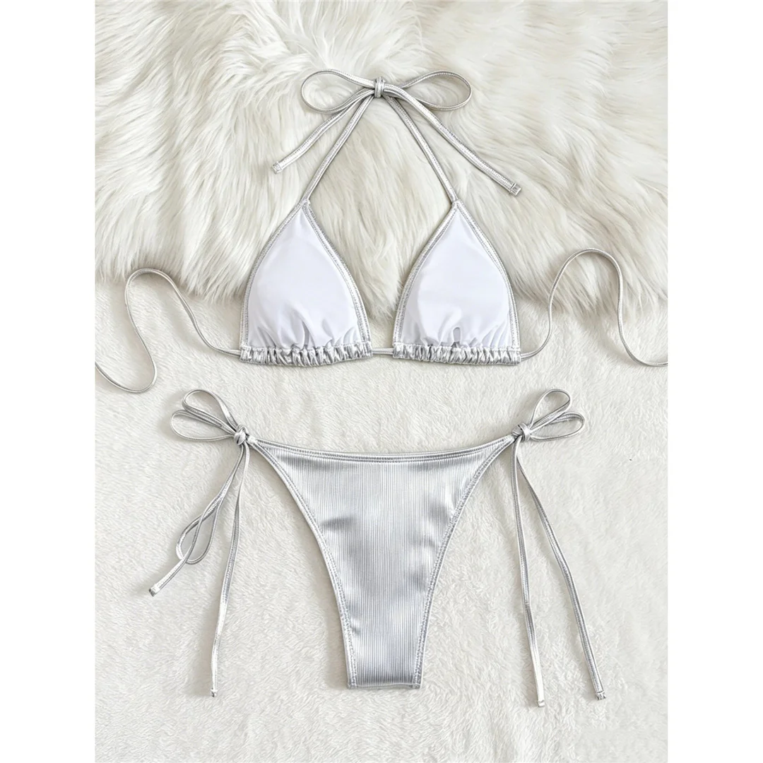 Gerippter Neckholder-Bikini mit Trägern, Damen-Badeanzug, zweiteiliges Bikini-Set, hoch geschnittene Beine, Badebekleidung, Badeanzug, V8382 – Detail 12