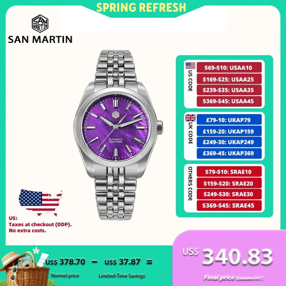 

San Martin 39mm Miyota 90S5 MOP Dial Men GADA Wristwatch Automatic Watches Mechanical BGW-X1 10Bar Luminous SN0144GX-4/7