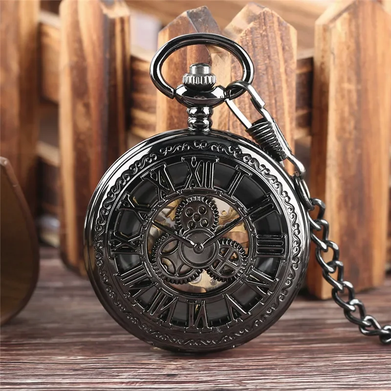 

Steampunk Full Black Pocket Watch Unisex Skeleton Handwinding Mechanical Watches with Pendant Chain Roman Number Clock Gift