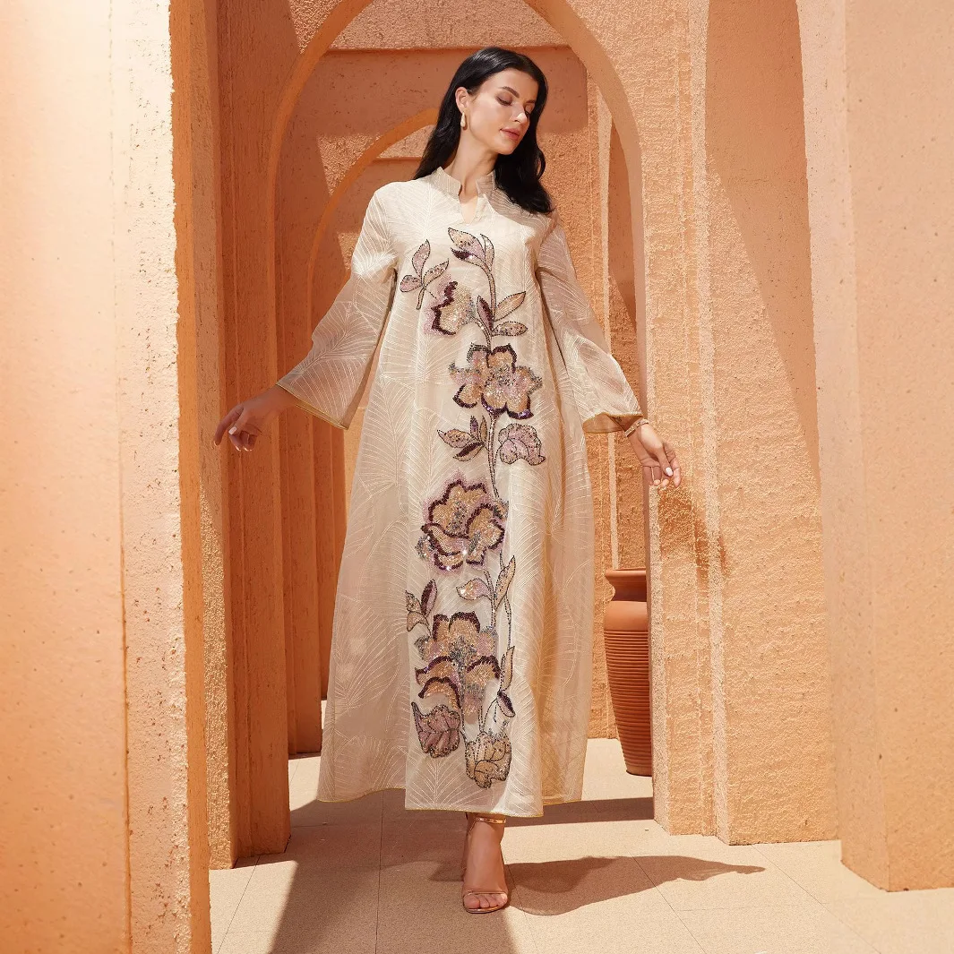 

Женское абрикосовое платье-абайя с сетчатыми вставками и вышивкой, свободного кроя, элегантное, роскошное, повседневное, модное, с длинными рукавами, длиной до щиколотки, женская одежда