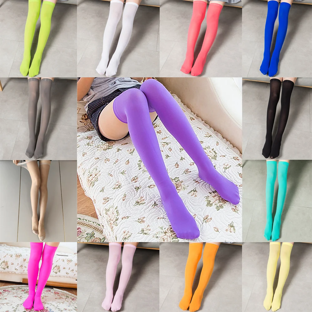 1Pair Sexy Black White Pink Purple Women Stockings Thigh High Over Knee Students Stretch Solid Thin Long Cute Girls Knee Socks