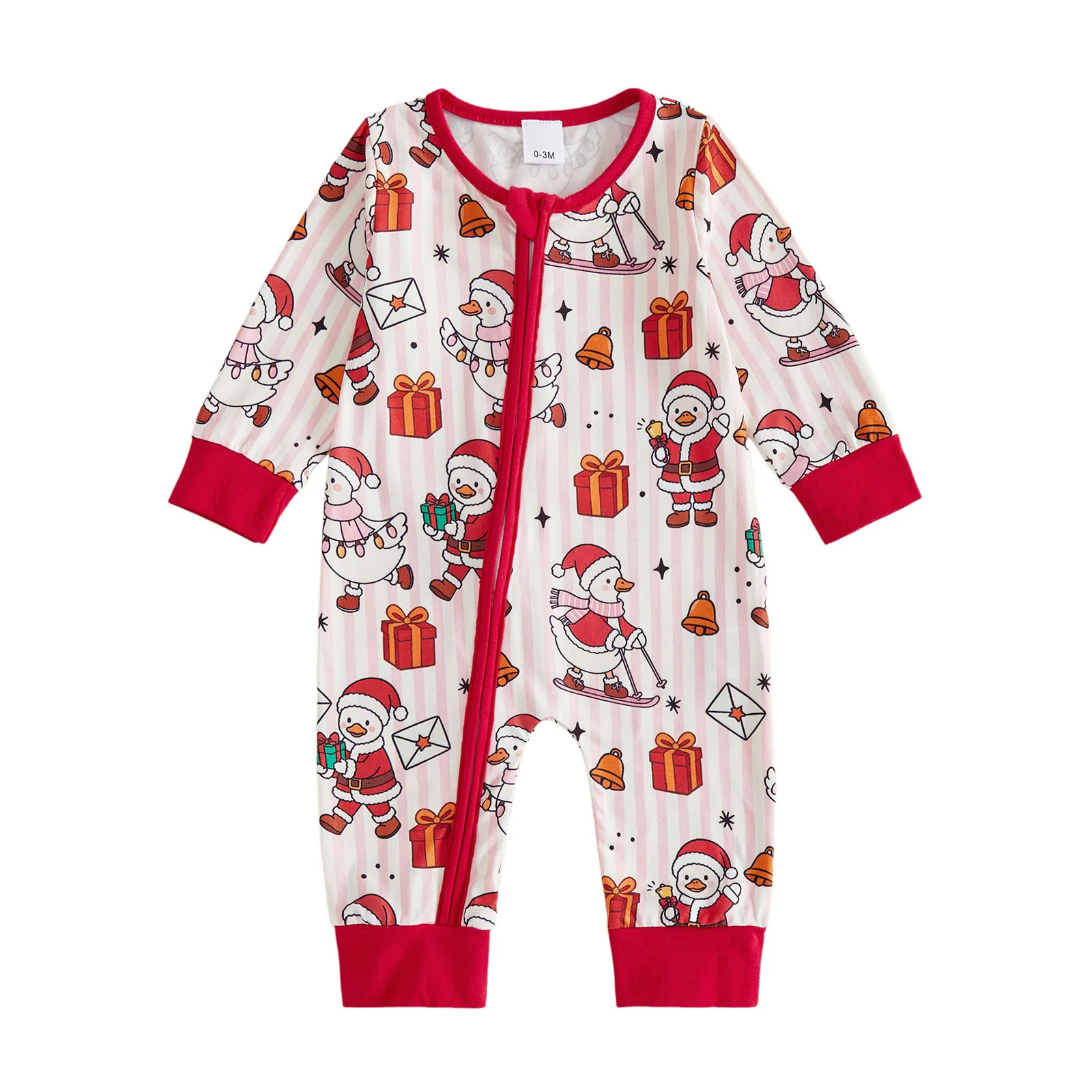 Baby Christmas Romper Front Zip Up Striped Crew Neck Long Sleeve Jumpsuit