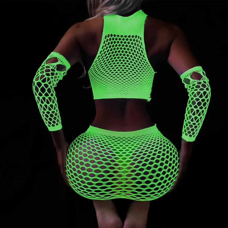 Hot Noctilucent New Sexy Lingerie ​Women BodySuit Underwear Porn Babydolls Hip Wrap Dress Fishnet Glove Luminous Erotic Costumes