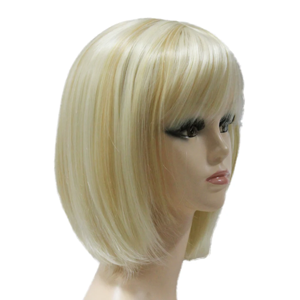 Shining Blonde Straight Chin Length synthetic Hair Blend Wig Short Bob Full Wig for White Women