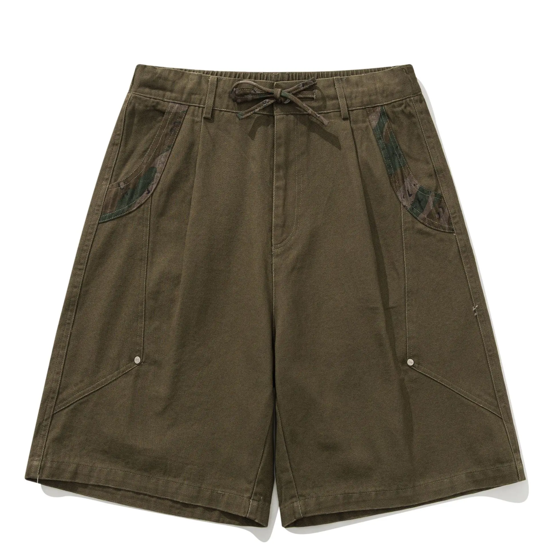 Summer Japanese Vintage Amekaji Washed Patchwork Workwear Shorts Unisex 100% Cotton Loose Wide-Leg Casual Cropped Trendy Shorts