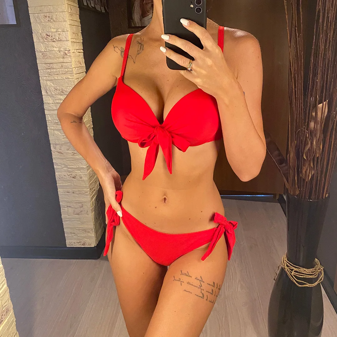 2024 Women\'s Swimsuits Knotted Push Up Bikini Swimsuit Female Swimwear Women Two-piece Bikini set Bra Cup Bather Bathing Suit