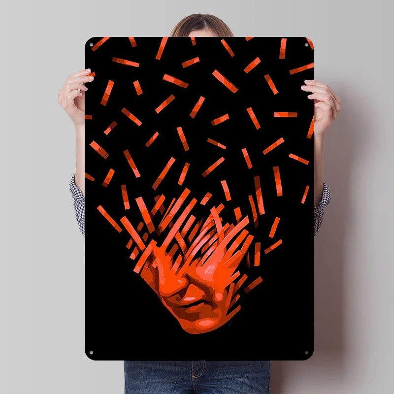 Cara abstracta con rectángulos que caen, cartel de Metal, cueva de hombre, carteles de estaño de Metal personalizables para decoración de arte de pared, esquina de café