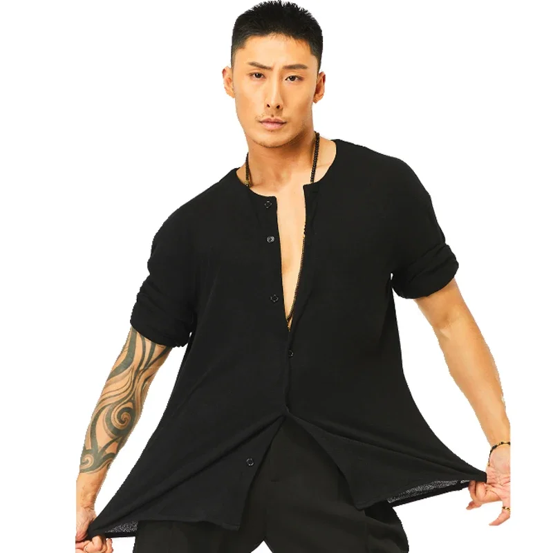 Neue Männliche Erwachsene Chacha Rumba Latin Tragen Latin Dance Praxis Kleidung Für Männer Schwarz Langarm Rundhals Shirts