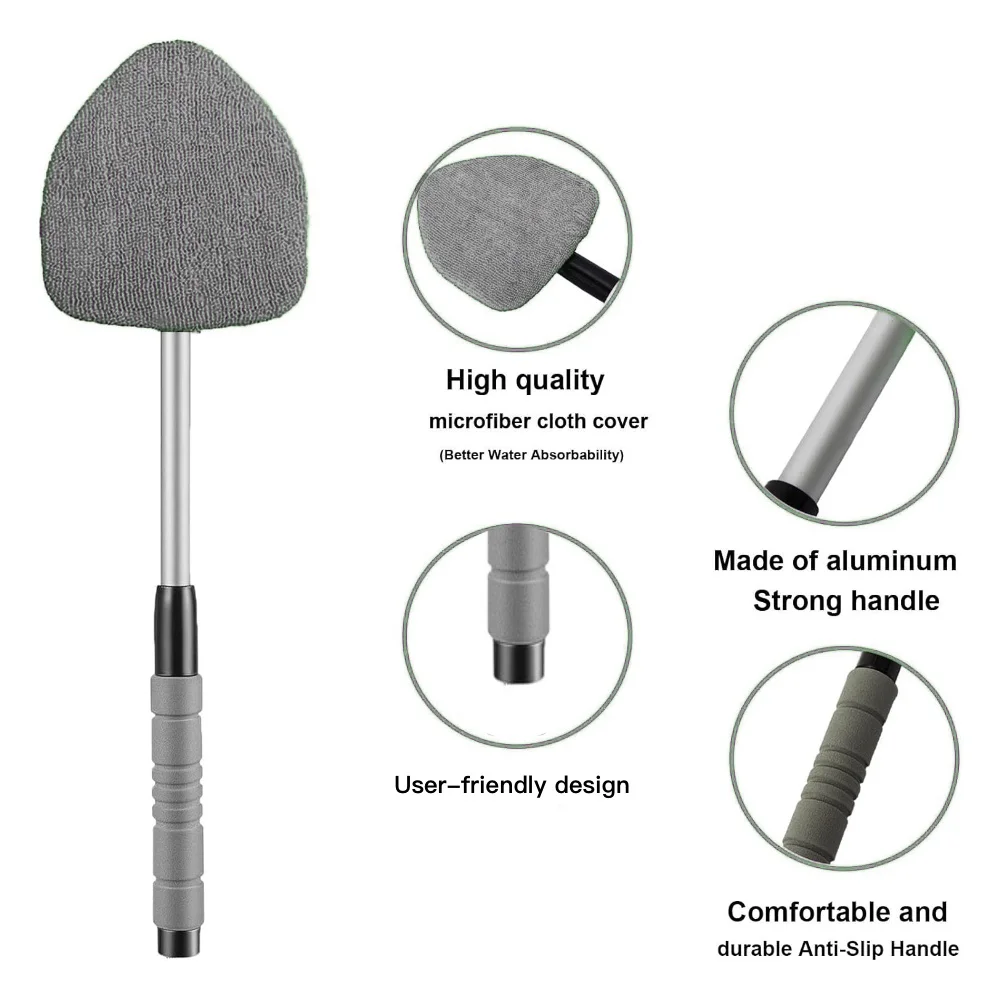 Windshield Cleaning Tool, Car Window Cleaner with 2 Washable Reusable Microfiber Pads, Extendable Long Handle Glass Wiper Cleani
