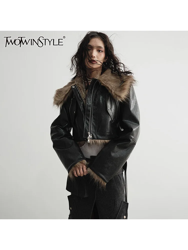 TWOTWINSTYLE Solid Patchwork Feathers Short Chic Jackets For Women Lapel Long Sleeve Spliced Zipper Streetwear Coats Female New