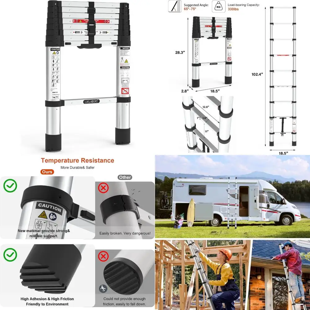 

8.5ft telescopic extension ladder with one-button retraction, 330lbs load capacity, multi-position
