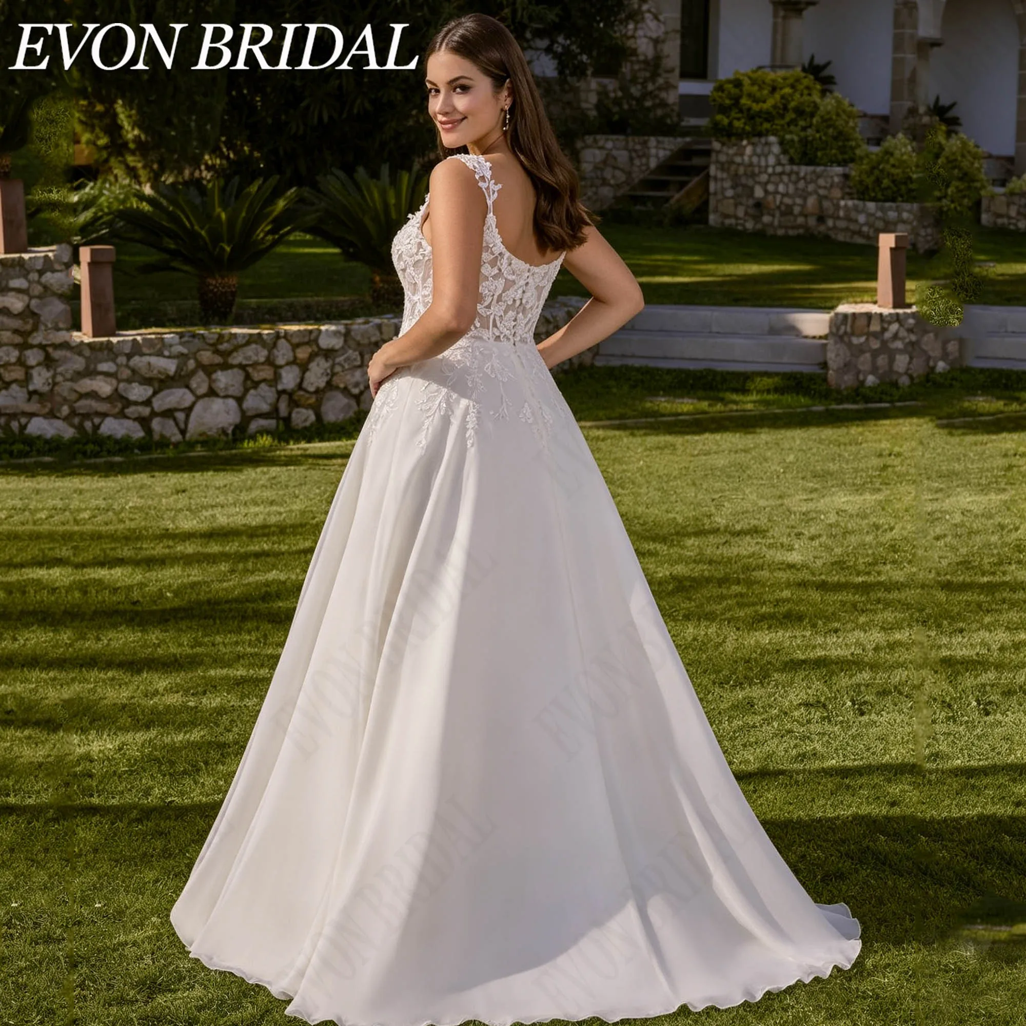 EVON BRIDAL Customized Sequined Lace Appliques Chiffon Bride Dress Plus Size Spaghetti Strap Wedding Gown A-Line Brautkleid
