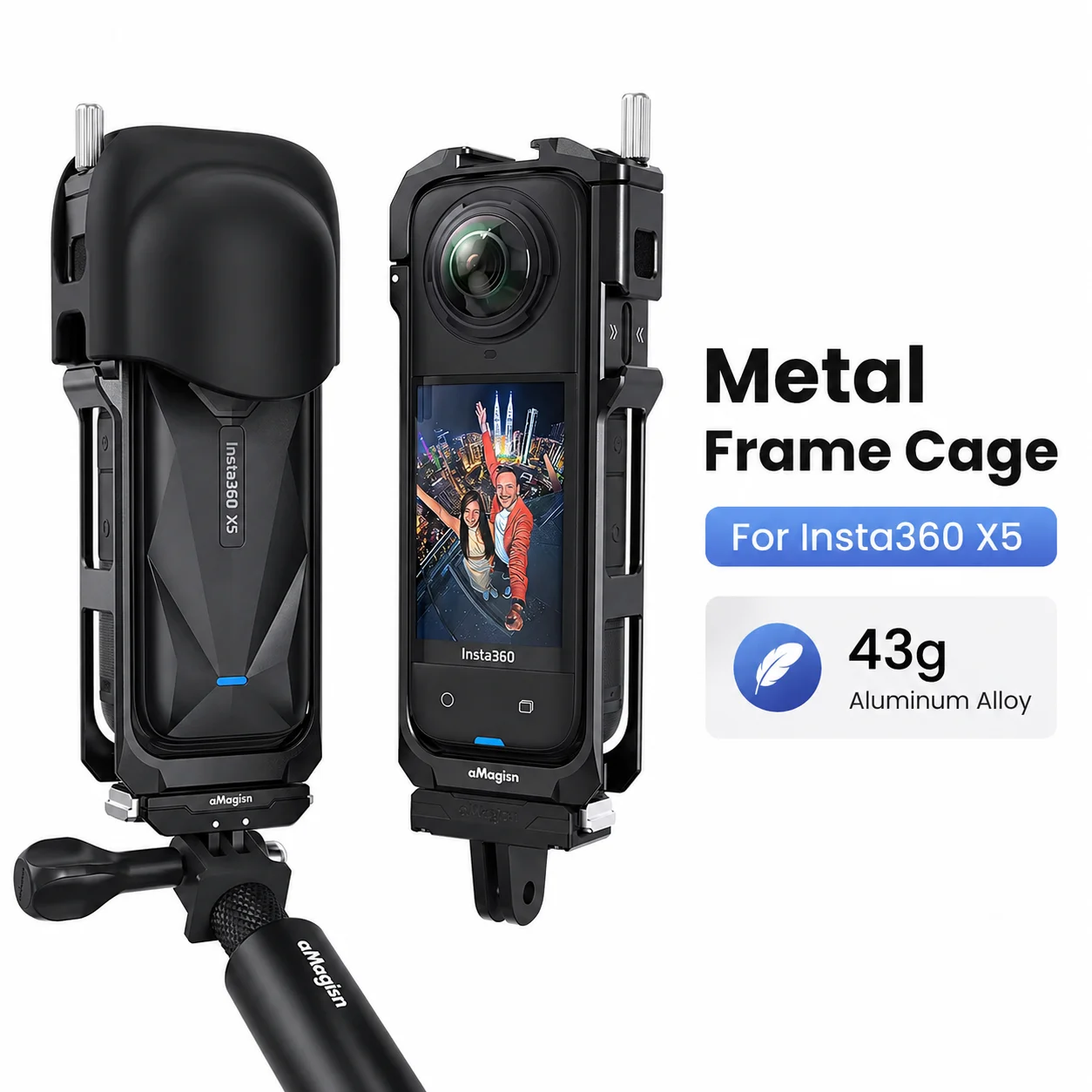

For Insta360 X5 Metal Frame Case Aluminum Cage Lightweight 43g Protective Cover with Silicone Lens Cap 1/4 Mount