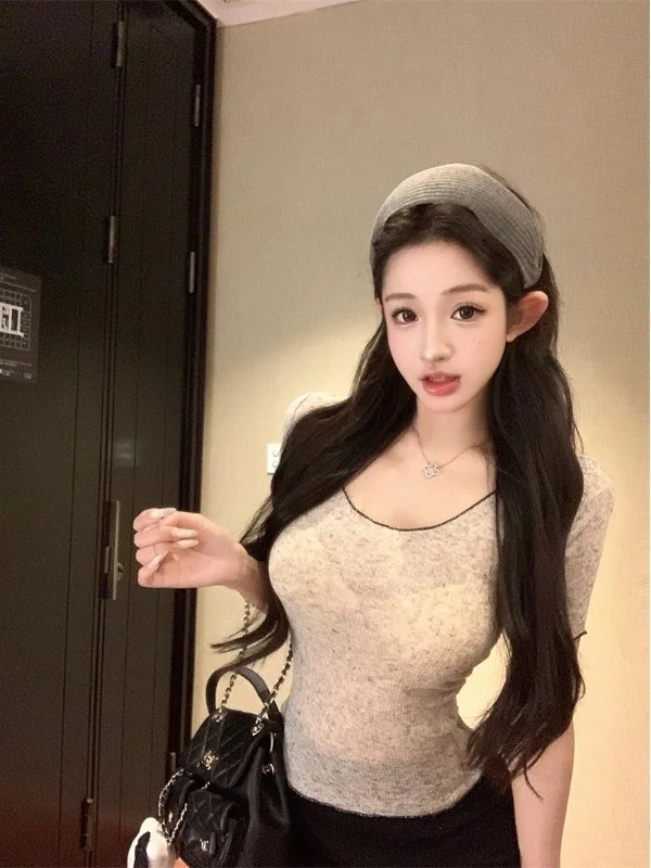 Color Block Lock  Thin Short Sleeve T-Shirt Women's Summer New Korean Style Beautiful Top Simple Commuting Elegant Style