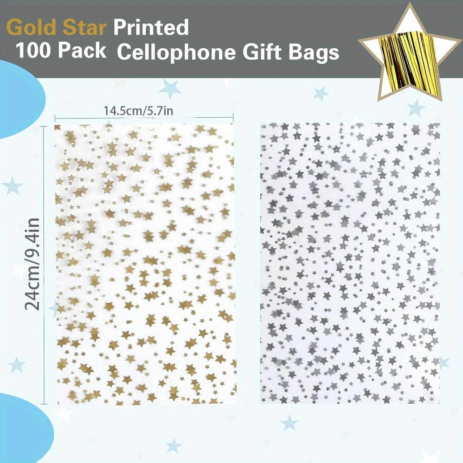 100 Pcs Star Printed Gift Wrap,Cellophane Treat Bags,Clear Candy Cookie Bags Plastic Poly Goodie Storage Bags with Twist Ties