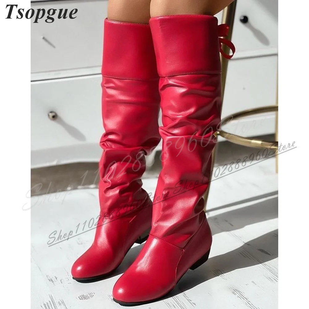 Trending Knee High Soft Red Leather String Boots Flat With Shoes For Women Slip On Round Toe 2024 Fashion Zapatos Para Mujere