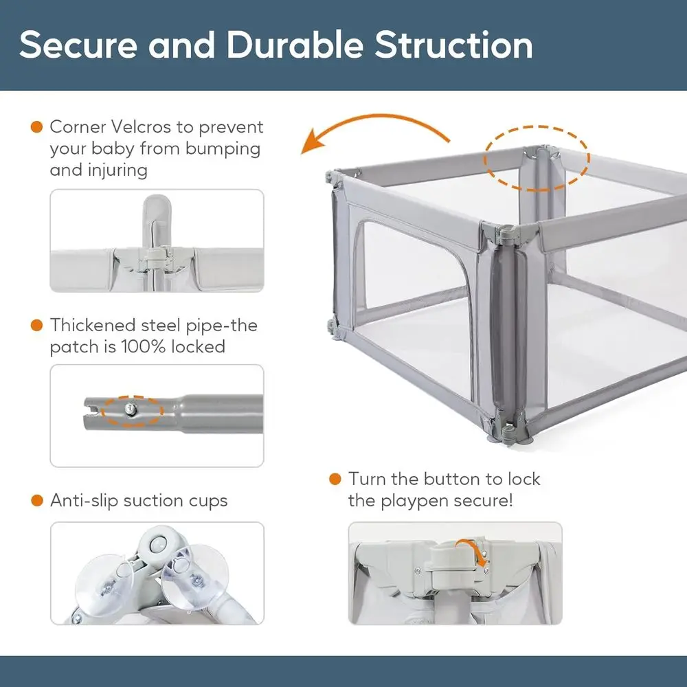 روضة أطفال قابلة للتعديل مقاس 47 × 47 باللون الرمادي مع 360 درجة °   شبكة، ساحة لعب داخلية/خارجية للرضع والأطفال الصغار