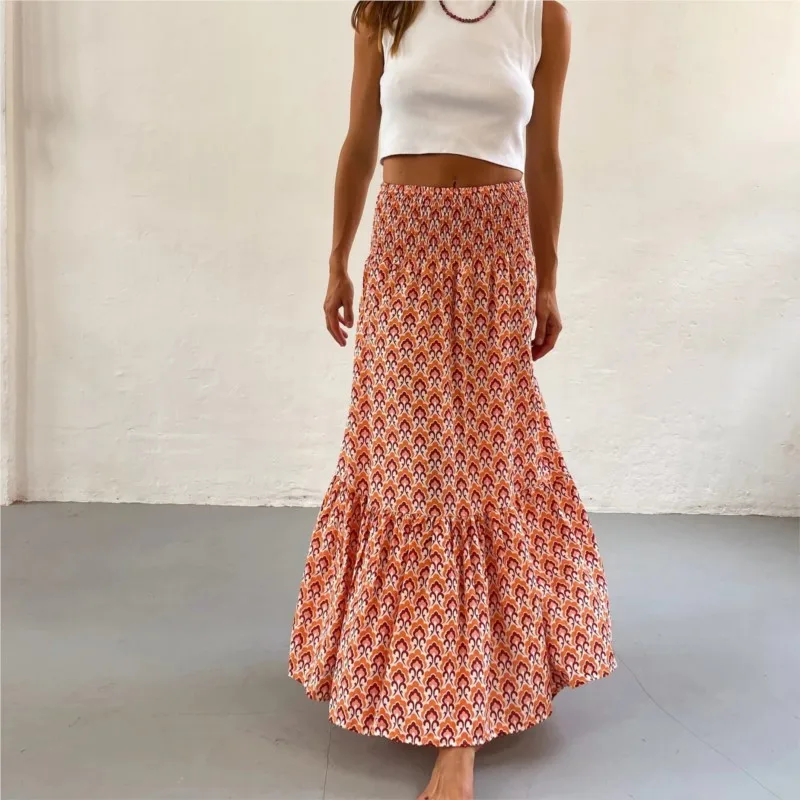 Plant Flower Printed Midi Skirt For Women 2024 New Product With Pleated A-line Arrangement Elegant Midi Skirt For Vacation Style