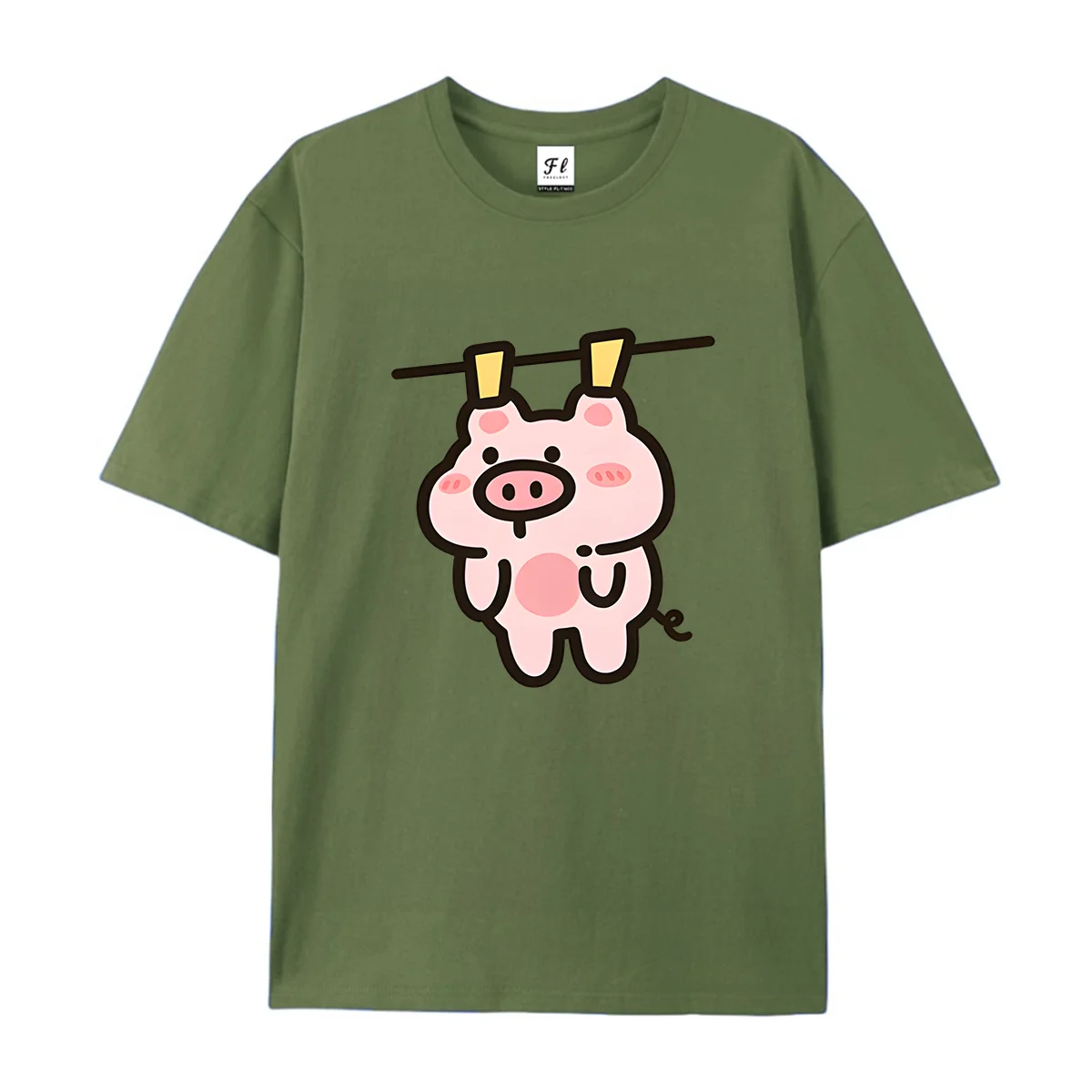 Cute Cartoon Pig Hanging On Clothesline Graphic T Shirt Unisex Casual Short Sleeve Tee Lovely Pink Pig With Clothespins Print