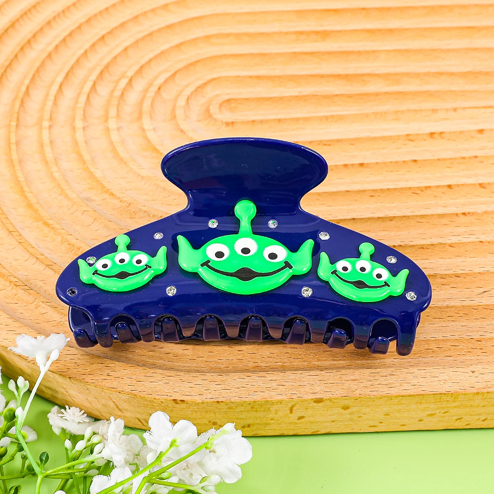Acrylic Dark Blue Three-Eyed Alien Hair Claw Clip Cute Green Cartoon Creature Rhinestone Hair Barrettes for Women Girls view 3