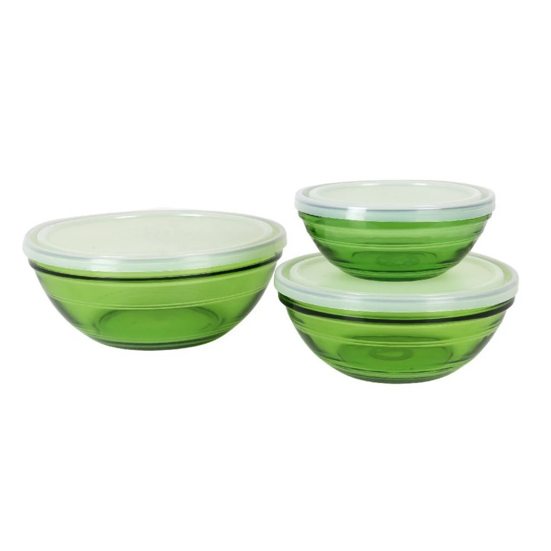 3-Bowls Duralex Starley Set with Lid, 3 Bols Tempered Glass 14/17/20.5cm with Clear Lid, Round Lid, Dishwasher Safe