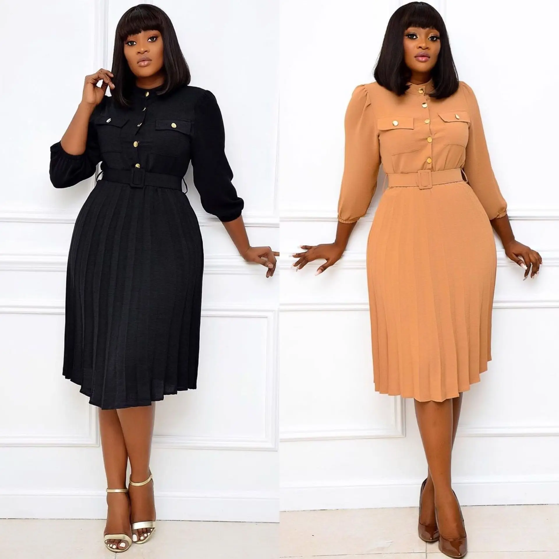 

Women Long Sleeve Pleated Khaki Dresses with Pockets Waist Belt A Line Button Up Female Fashion Autumn Vestidos BlackBig Size