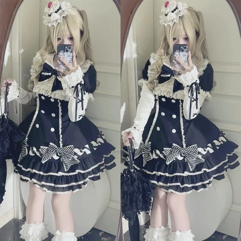 스트라이프 라자냐 로리타 케이크 드레스 귀여운 달콤한 공주 짧은 소매 Op 봄 가을 여름 고대 인형 느낌 Boho 드레스