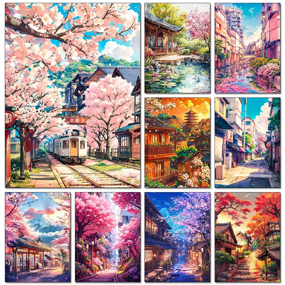 Diamond Painting Japanese Street Scenery Sakura Architecture Diamond Mosaic Handmade Art Exquisite Creative Gift Home Decoration