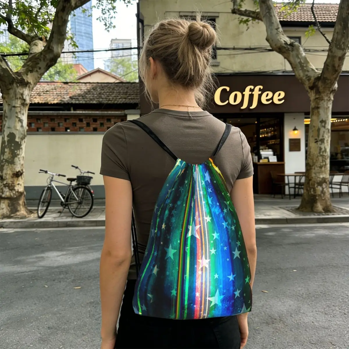 Rainbow Stripe Background And Stars Backpacks Multi-function Drawstring Bags Sports Bag Book Bags for Travel School