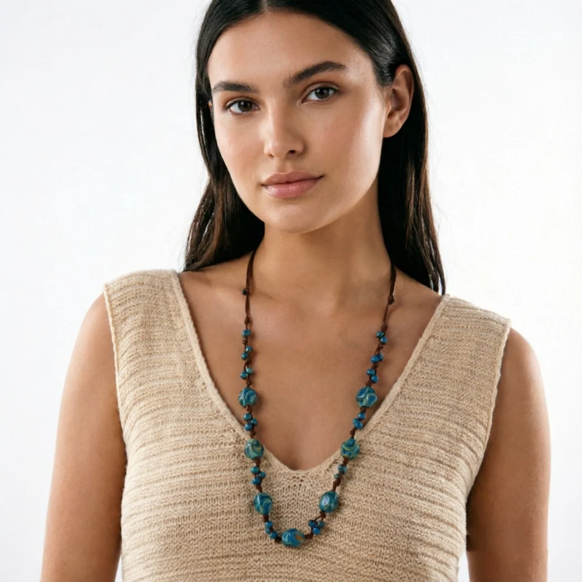 Retro-Künstlerischer Stil Unregelmäßige Blaue Keramikperlen Lange Halskette für Frauen Männer Boho Ethnische Braune Wachsschnur Pulloverkette Schmuck – Detail 21
