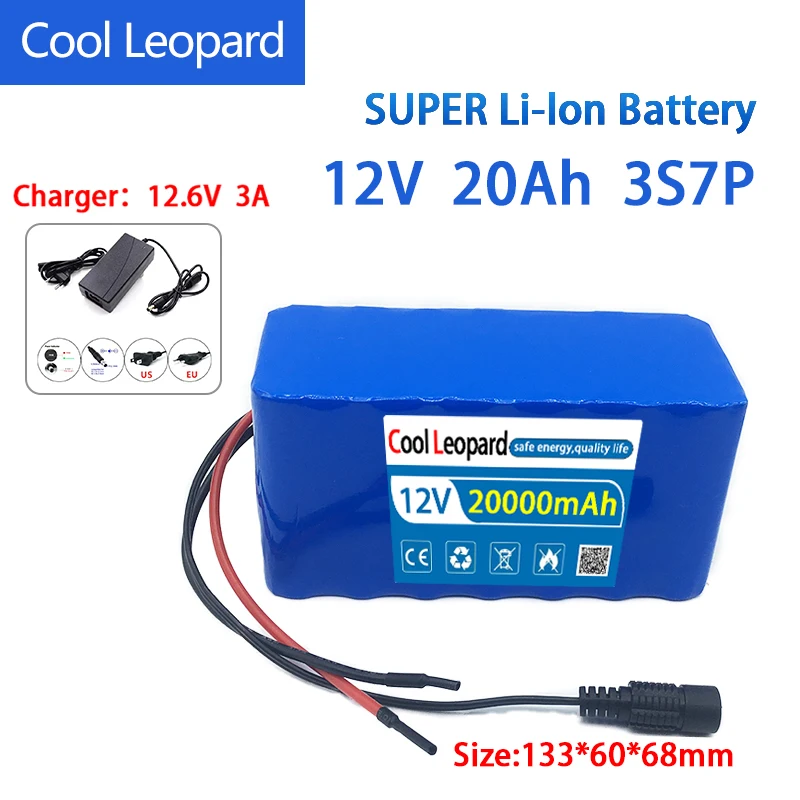 

12V 20Ah 3S7P 18650 Batterij 12.6V 20000Mah Elektrische Fiets Bromfiets Elektrische Scooter Lithium-Ion Accu Bms + 3A Charger