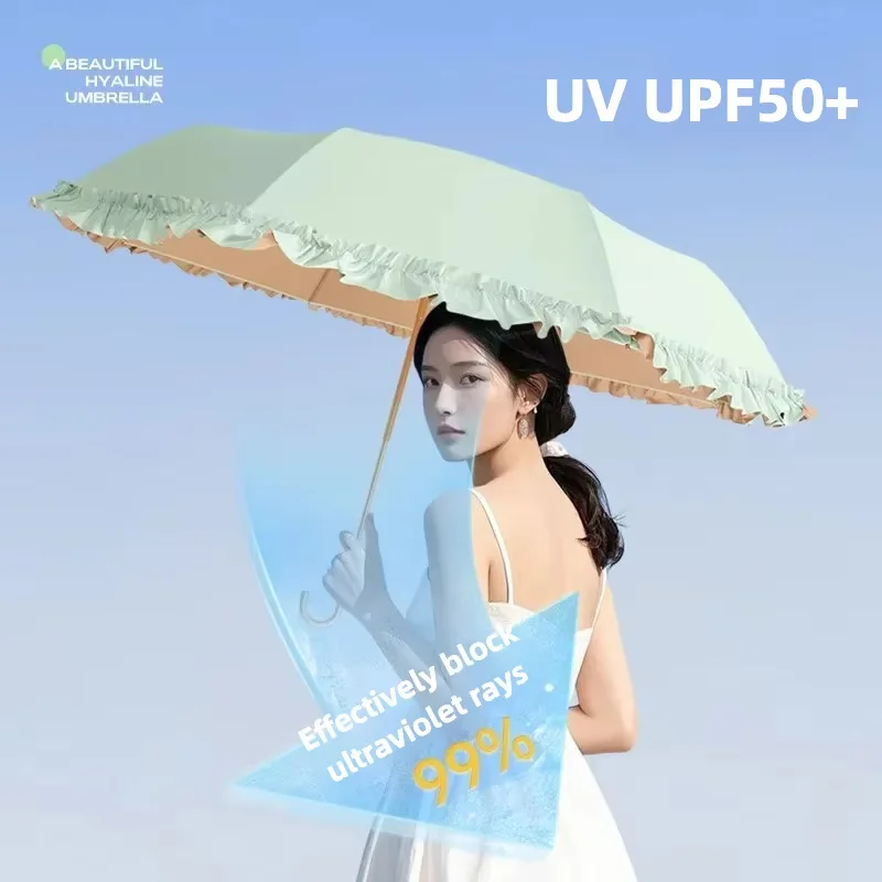 Solid Color Lace Folding Curved Hook Rain Umbrella, Color Glue Sun UV UPF50+ Protection, Women's Lightweight Portable Parasol